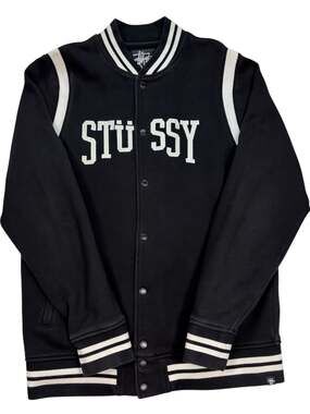 Stüssy Vintage Spell Out Arc Logo Sweat Varsity Bomber Jacket Black XL